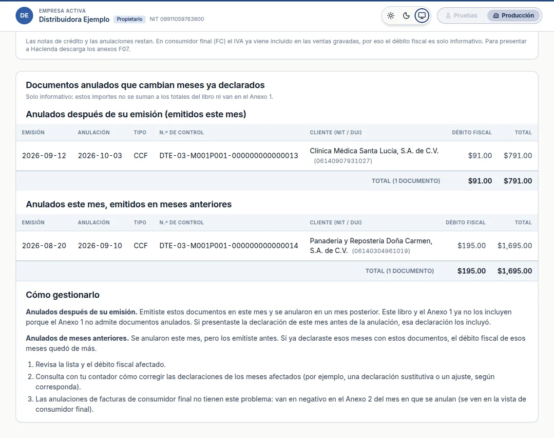 Sección de documentos anulados que cambian meses ya declarados, con guía para gestionarlos