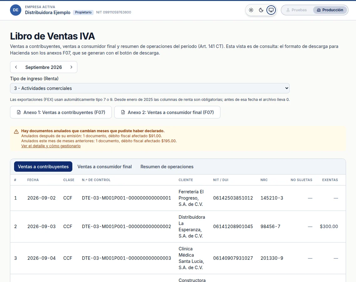 Libro de ventas a contribuyentes en Notifactura, con un renglón por documento